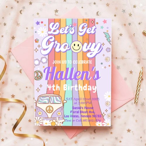 Lets Get Groovy Retro Boho Daisy Rainbow Birthday Invitation