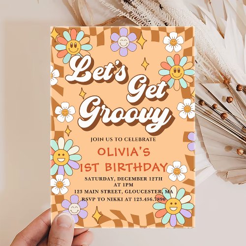 Lets Get Groovy Retro Floral First Birthday Invitation