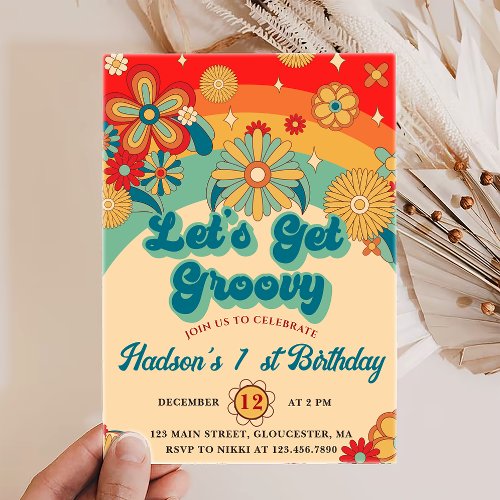 Lets Get Groovy Retro Floral First Birthday Invitation
