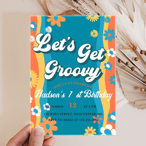 Lets Get Groovy Retro Floral First Birthday  Invitation