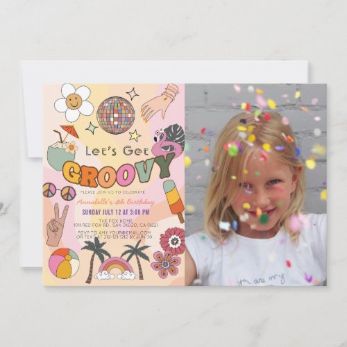 Lets Get Groovy Retro Girl Photo Birthday Invitation