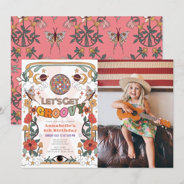Let's Get Groovy Retro Photo Girl Birthday Invitation (Front/Back)