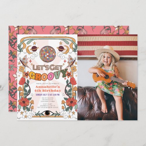 Lets Get Groovy Retro Photo Girl Birthday Invitation