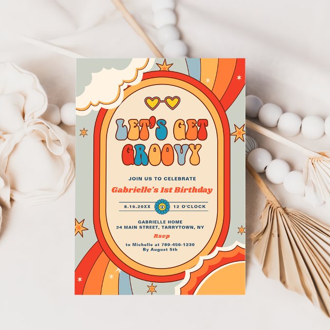 Let's Get Groovy Retro Rainbow 1st Birthday Party Invitation (Creator Uploaded)