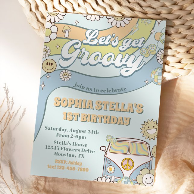 Let's Get Groovy Retro Rainbow 1st Birthday Party Invitation (Creator Uploaded)