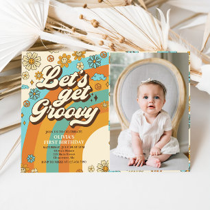 Let's Get Groovy Retro Rainbow 1st Birthday Photo Invitation