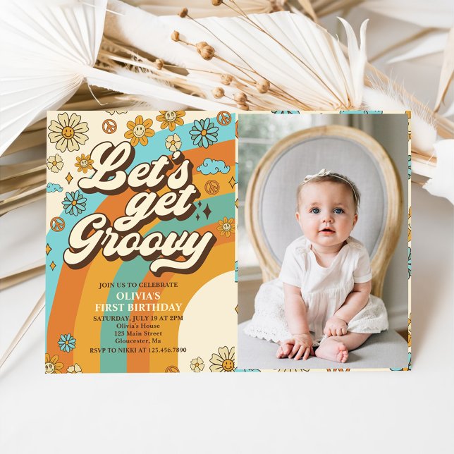 Let's Get Groovy Retro Rainbow 1st Birthday Photo Invitation (Creator Uploaded)