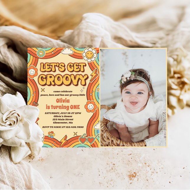 Let's Get Groovy Retro Rainbow 1st Birthday Photo Invitation (Creator Uploaded)