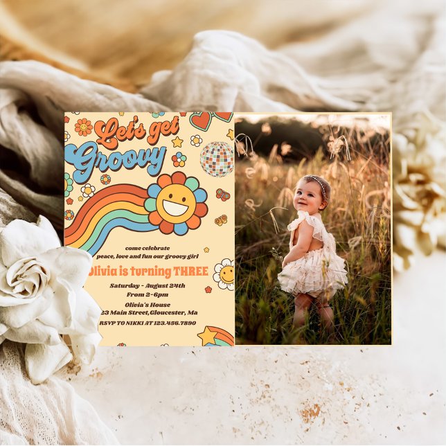 Let's Get Groovy Retro Rainbow 3rd Birthday Photo Invitation (Creator Uploaded)