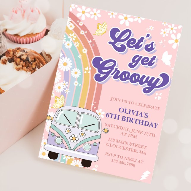 Let's Get Groovy Retro Rainbow 6th Birthday Invitation (Creator Uploaded)