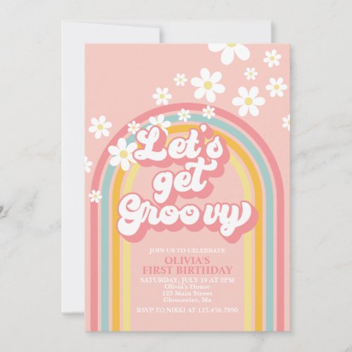 Lets Get Groovy Retro Rainbow Birthday Invitation