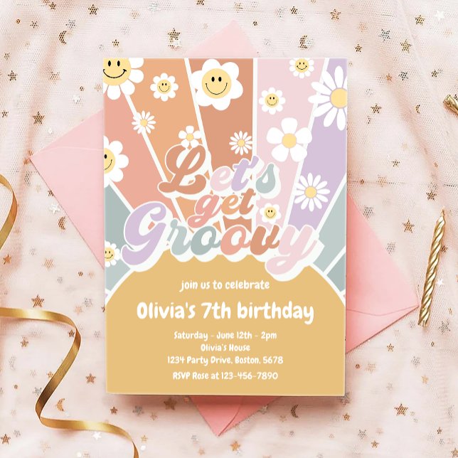 Let's Get Groovy Retro Sunshine Daisy Birthday Invitation (Creator Uploaded)