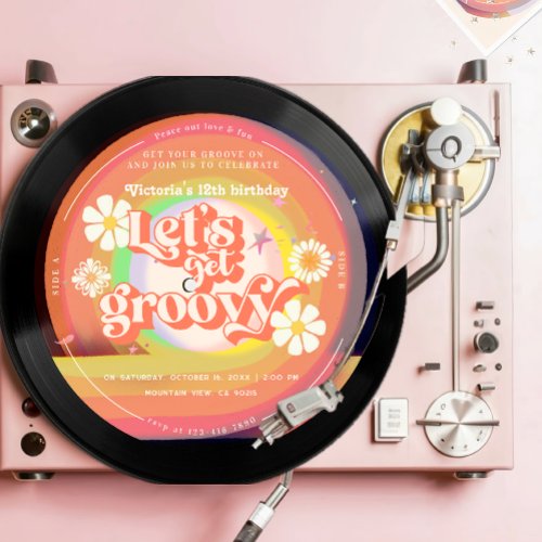 Lets get groovy Retro Vinyl Rainbow Daisy Invitation