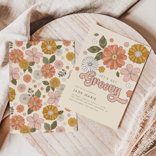 Lets Get Groovy Vintage Floral Girls Birthday Invitation