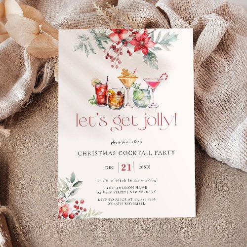 Lets Get Jolly Cocktail Holiday Poinsettia Invitation