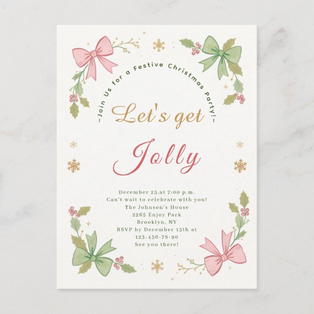Let's Get Jolly Whimsical Christmas Bow Holiday  Postcard (Front)