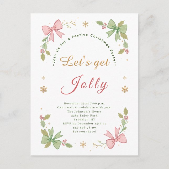 Let's Get Jolly Whimsical Christmas Bow Holiday Postcard (Front)