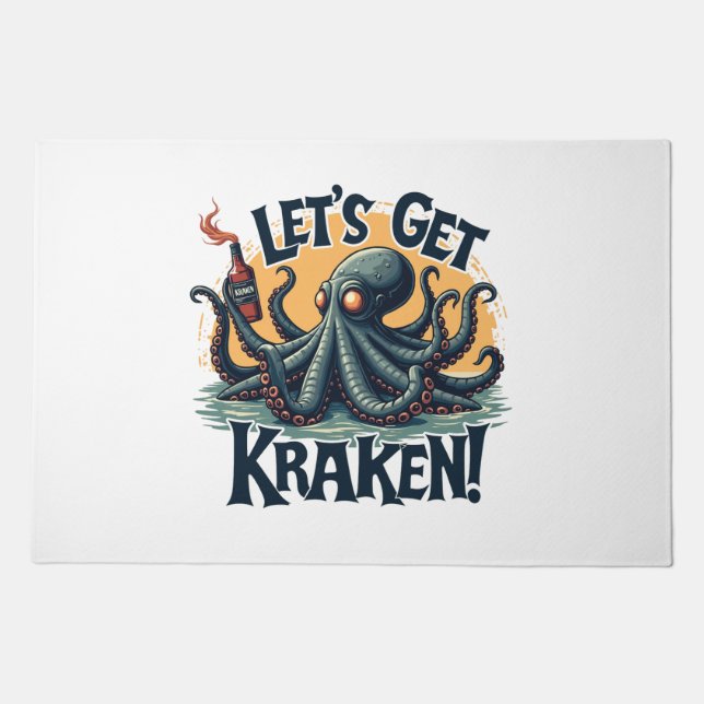 Let's Get Kraken Funny Rum Drinking Octopus Doormat (Front)