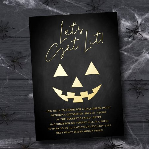 Lets Get Lit Adult Halloween Party Real Foil Invitation