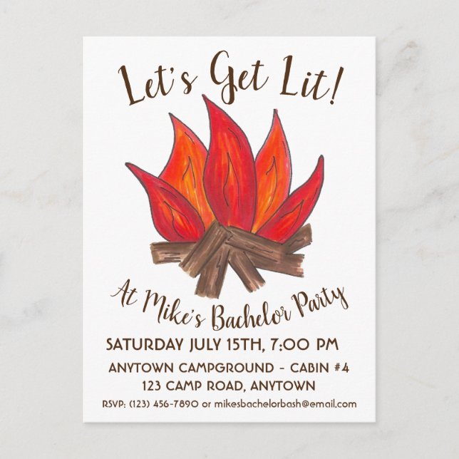 Let's Get Lit Bachelor Party Stag Do Campire Camp Invitation Postcard (Front)