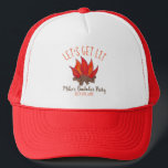Let's Get Lit Bachelor Party Stag Do Campire Camp Trucker Hat<br><div class="desc">Design features an original marker illustration of a red and orange campfire, with flames arising from brown logs. Great for a camping or outdoor enthusiast, or a LET'S GET LIT themed bachelor or 21st birthday party. Just personalize with your information. This camp fire design is also available on other products....</div>