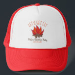 Let's Get Lit Bachelor Party Stag Do Campire Camp Trucker Hat<br><div class="desc">Design features an original marker illustration of a red and orange campfire, with flames arising from brown logs. Great for a camping or outdoor enthusiast, or a LET'S GET LIT themed bachelor or 21st birthday party. Just personalize with your information. This camp fire design is also available on other products....</div>