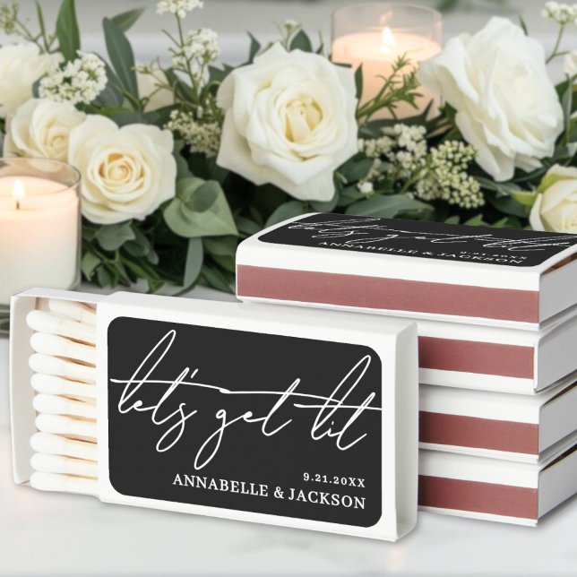 Let's Get Lit Black Matchboxes (Let's Get Lit Modern Wedding Matchbox Matchboxes)