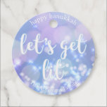 Let's get lit - Blue Sparkles Funny Hanukkah Favor Tags<br><div class="desc">NewParkLane - Humorous Hanukkah Ornament,  with blue sparkling,  glittering lights and funny quote 'Let's get lit' in a white script typography. Add your family name for a personalized design.

Check out this collection for matching items.</div>
