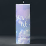 Let's get lit - Blue Sparkles Funny Hanukkah  Pillar Candle<br><div class="desc">NewParkLane - Glam Hanukkah Pillar Candle,  with blue sparkling,  glittering lights and funny quote 'Let's get lit' in a white script typography. 

Check out this collection for matching items and other Hanukkah quotes.</div>