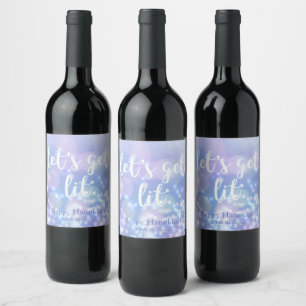 Let's get lit - Blue Sparkles Funny Hanukkah Wine Label