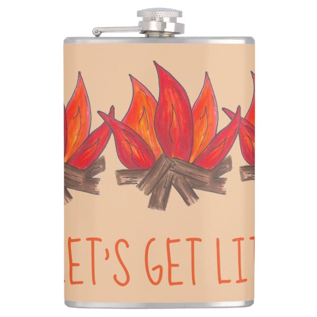Let's Get Lit Campfire Fire Flames Funny Camping Flask (Front)