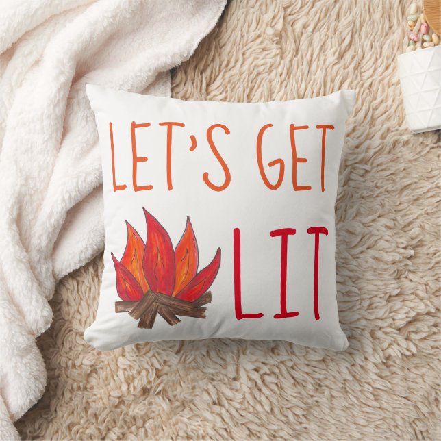 Let's Get Lit Campfire Fire Flames Funny Camping Throw Pillow (Blanket)