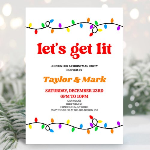 Lets Get Lit Christmas Lights Retro Holiday Party Invitation