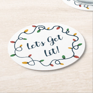 Let's Get Lit Christmas Lights Wreath Round Paper Coaster