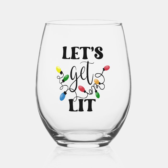 Let's Get Lit Christmas Stemless Wine Glass (Front)