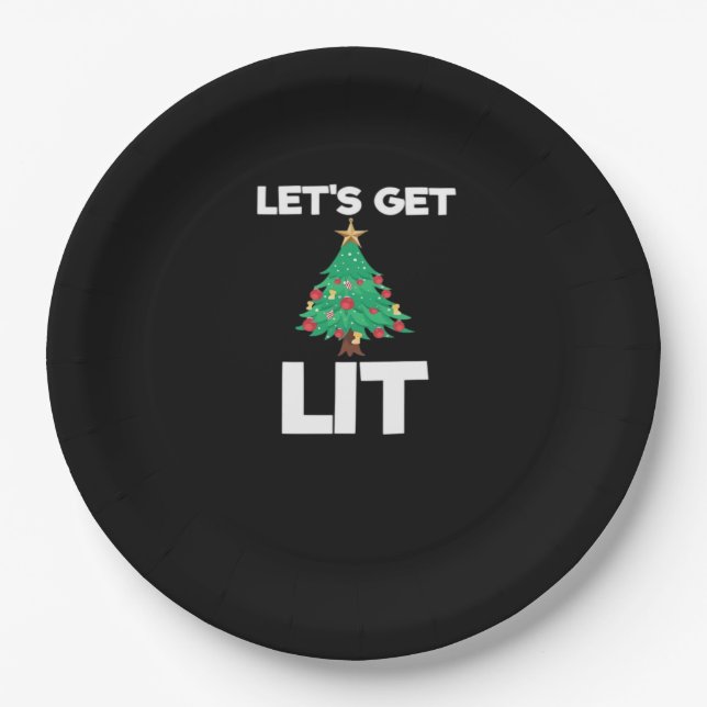 Let's Get Lit Christmas Tree Holiday Drinking Paper Plates (Front)