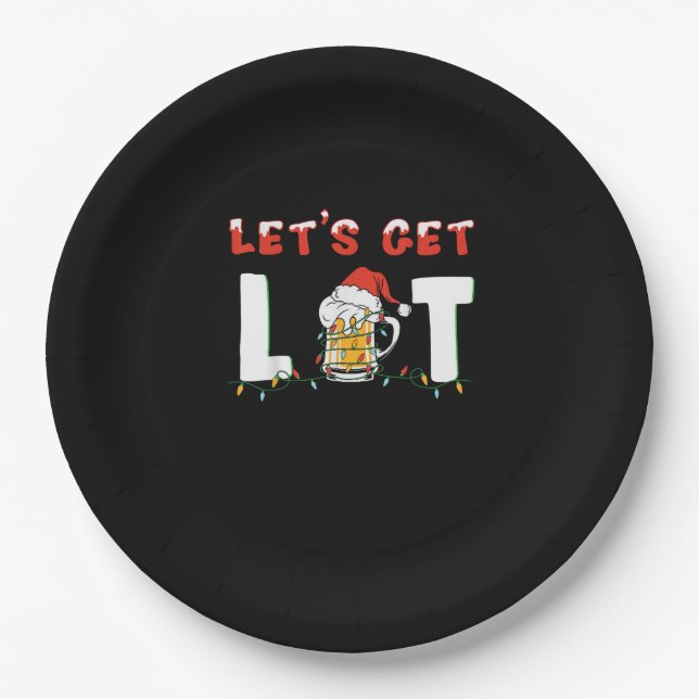 Let's Get Lit Drinking Beer Santa Hat Christmas Li Paper Plates (Front)