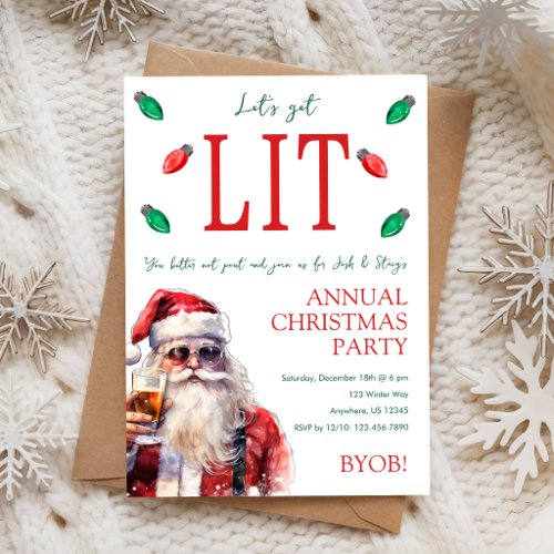 Let's Get Lit Drunk Santa Christmas Party Invitation