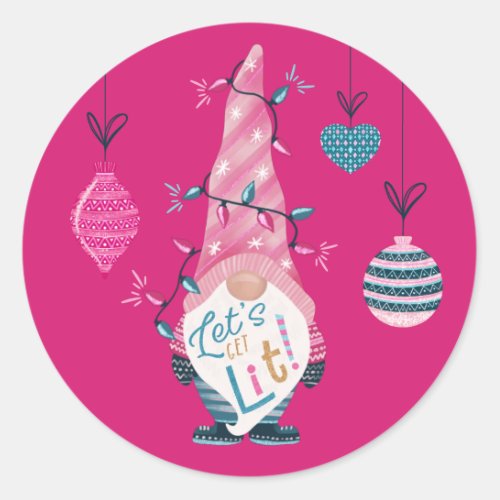 Lets Get Lit Fun Bright Gnome Christmas Lights Classic Round Sticker
