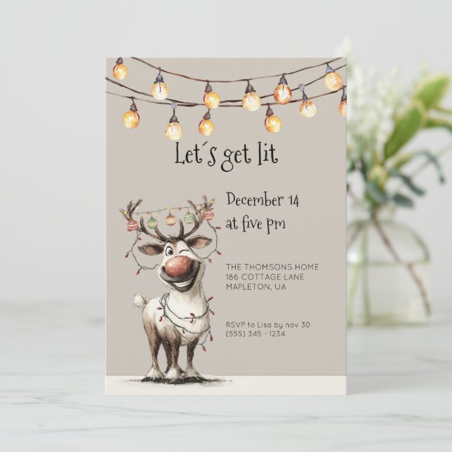 Let's Get Lit Fun Reindeer Holidays Party  Invitation (Standing Front)