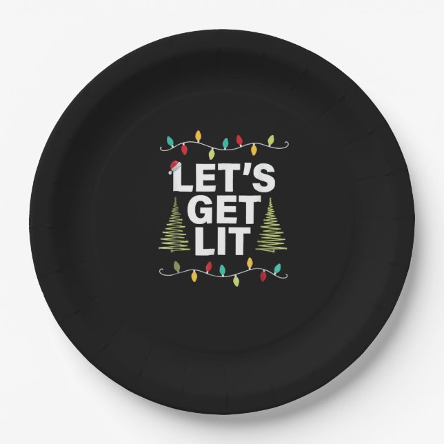 Let's Get Lit Funny Christmas Drinking Lights Paper Plates (Front)