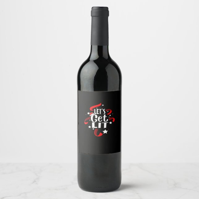 Let's Get Lit Funny Christmas Drinking Men Women Wine Label (Front)