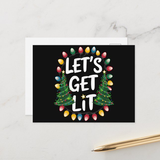 Let's Get Lit Funny Christmas Drinking Xmas Lights Postcard (Front/Back In Situ)