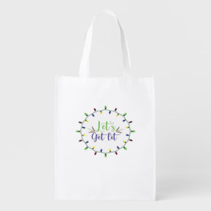 Let's Get Lit Funny Christmas Lights Festive Holid Grocery Bag