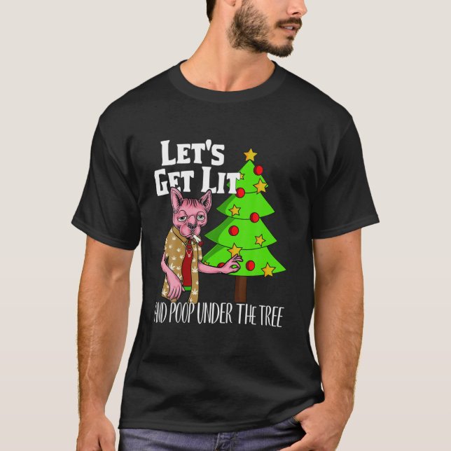 Let's Get Lit Funny Christmas Pajamas Stoner Kitty T-Shirt (Front)