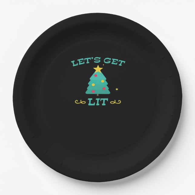 Let's Get Lit Funny Drunk Drinking Christmas Tree  Paper Plates (Front)