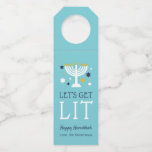 Let's Get Lit | Funny Hanukkah Bottle Hanger Tag<br><div class="desc">Dress up your Hanukkah wine,  spirits or beer gifts with these cute and funny tags. Bottle hang tags feature a turquoise blue background with "let's get lit" and a lit menorah illustration accented with blue and white stars. Customize with a name and/or personalized Hanukkah greeting.</div>