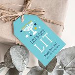 Let's Get Lit | Funny Hanukkah Gift Tags<br><div class="desc">Dress up your Hanukkah gifts with these cute and funny tags. Design features a turquoise blue background with "let's get lit" and a lit menorah illustration accented with blue and white stars. Customize with a name and/or personalized Hanukkah greeting. Blank on reverse side. Especially perfect for gifts of wine and...</div>