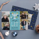 Let's Get Lit | Funny Hanukkah Photo Collage Card<br><div class="desc">Time to get lit... the menorah, that is! Funny Hanukkah photo card features "let's get lit" beneath a menorah illustration accented with blue and white stars. Add four of your favorite photos in a collage layout, along with your names and a custom Hanukkah greeting. Personalize the back with an additional...</div>
