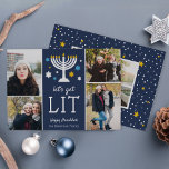 Let's Get Lit | Funny Hanukkah Photo Collage Holiday Card<br><div class="desc">Time to get lit... the menorah, that is! Funny Hanukkah photo card features "let's get lit" beneath a menorah illustration accented with blue and white stars. Add four of your favorite photos in a collage layout, along with your names and a custom Hanukkah greeting. Personalize the back with an additional...</div>